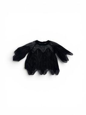 Sheer Black Wave-Edge Mesh Top